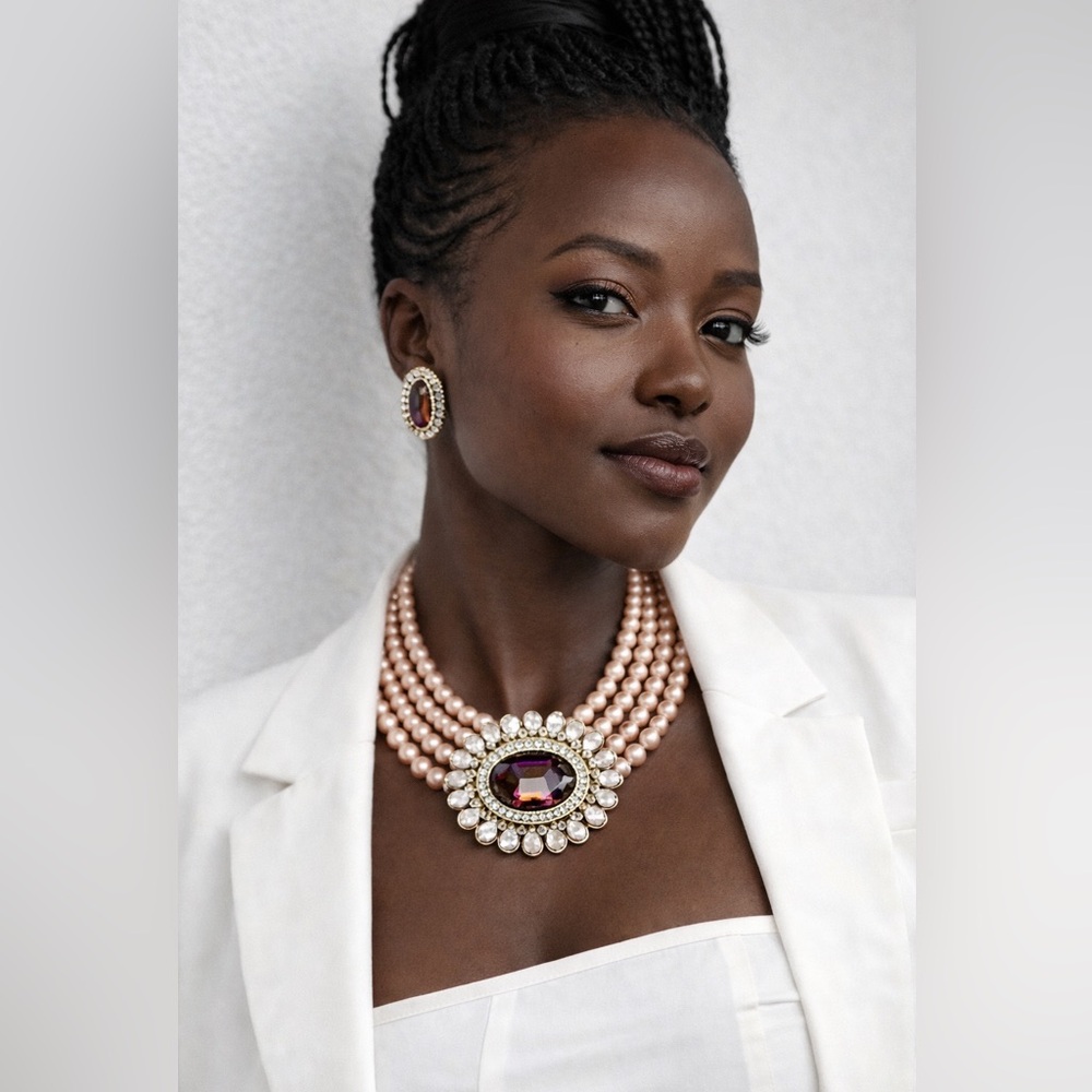 Heidi Daus Statement Necklace & Earring Set – Peach Pearl with Amber Crystal